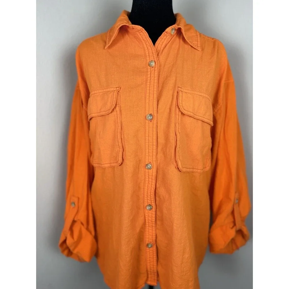 We The Free Free People Orange Button Down Shirt Womens Oversized Boho Size S